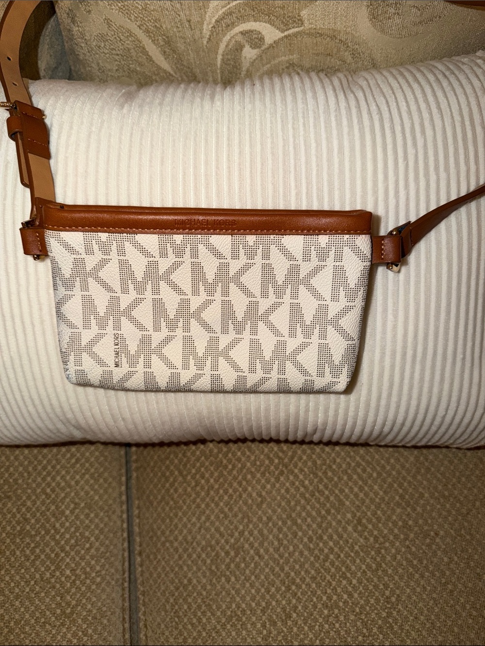 Michael Kors White MK Logo Belt Pouch with Brown Leather Trim